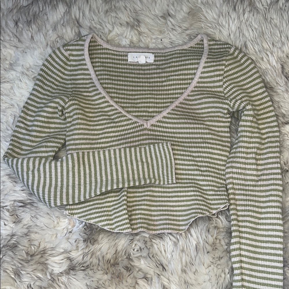 LA Hearts Green & Cream Ribbed Top